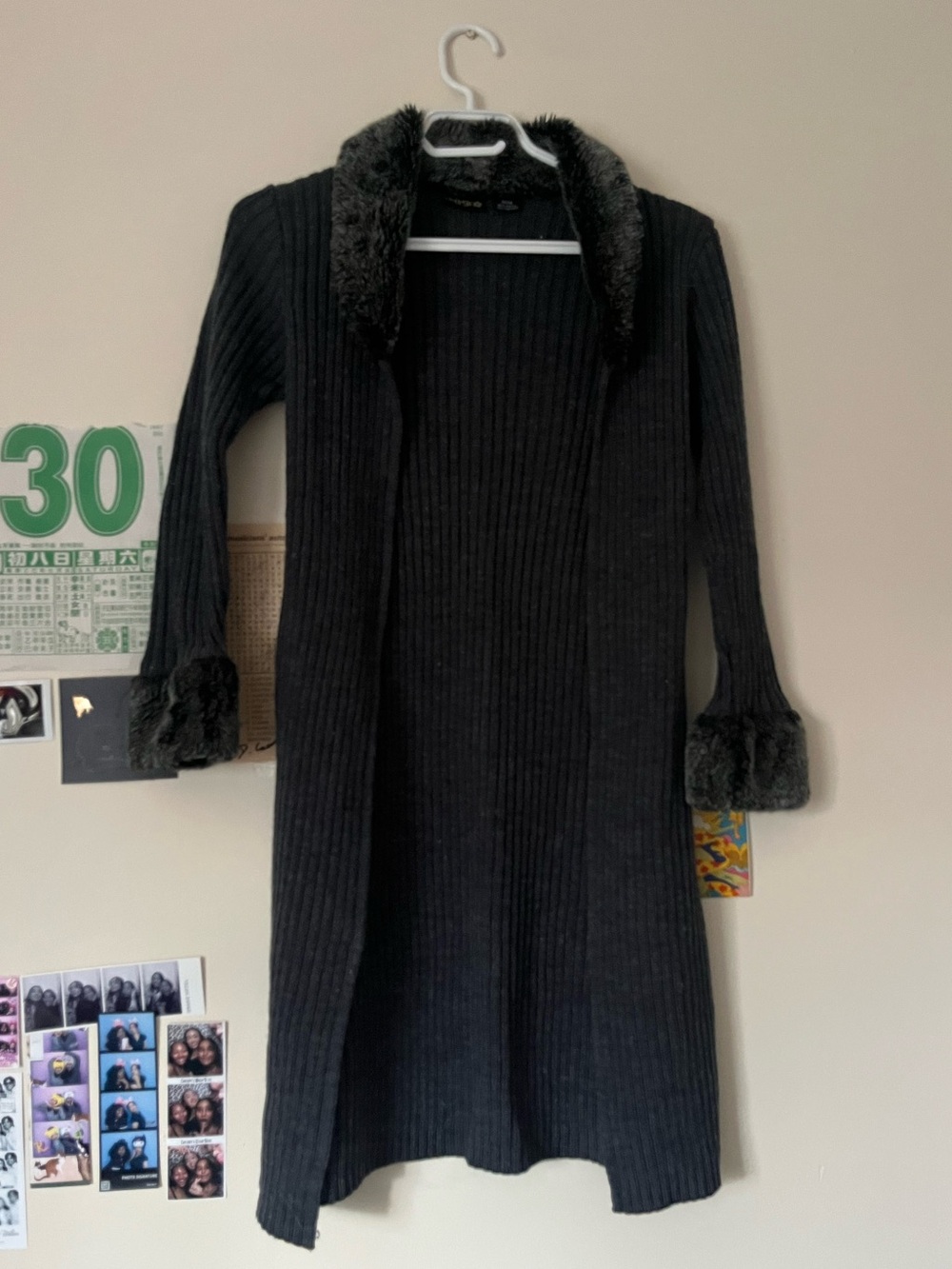 Black Ribbed Knit Long Cardigan with Faux Fur Trim